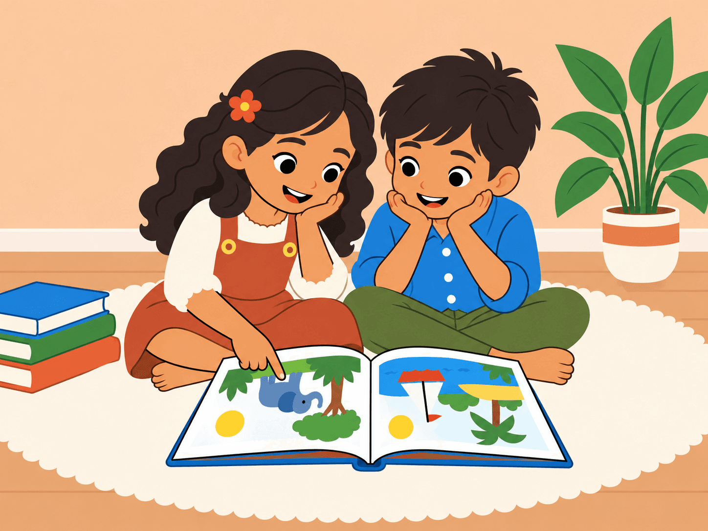 Flat 2D illustration of two Indian children sharing a picture book turned toward them
